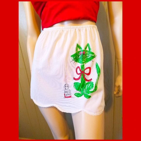 😺Vintage 60s Eau de Catnip Cutest Happy Green Kitty Mini Slip Skirt - Picture 4 of 8